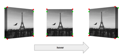 The image starts with depth facing in one direction (left), then is rotated on hover to hide the depth for a flat appearance (center). We can change the direction of the depth as well (right)