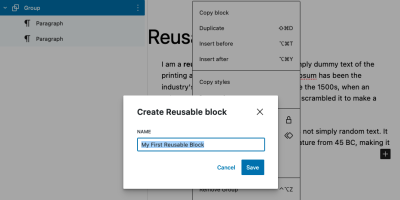 Pop-up prompt to name a reusable block