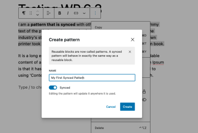 Create pattern popup with option to sync