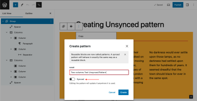 Create pattern popup with option to sync