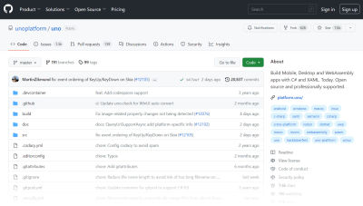 A screenshot of the Uno Platform repository on Github